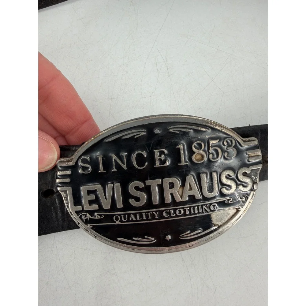 Levi Strauss Belt Mens Medium Black Leather Large Trophy Buckle Western Vintage